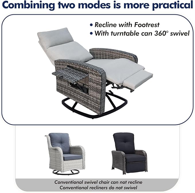 Outdoor Recliner Chair Set of 2, Wicker Patio Recliners with Adjustable Backrest and Extended Foot Rest, Reclining Patio Chairs with Flip Table & Removable Cushion Cover for Porch - Image 6