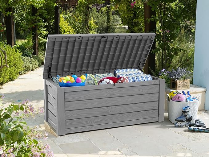 Keter Westwood 150 Gallon Resin Large Outdoor Storage Box for Patio Furniture, Outdoor Cushions, Garden Tools and Pool Floats, Light Grey - Image 4