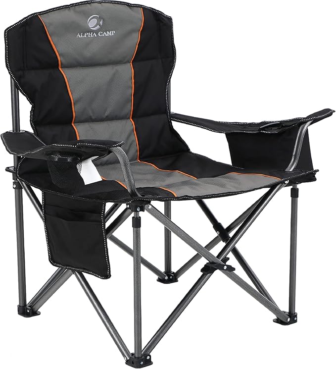 ALPHA CAMP Heavy Duty Camping Chair 500LBS Capacity, Oversized Folding Chair for Heavy People, Padded Portable Outdoor Chair with Cooler Bag & Cup Holder for Camping, Fishing, Beach by ALPHACAMP