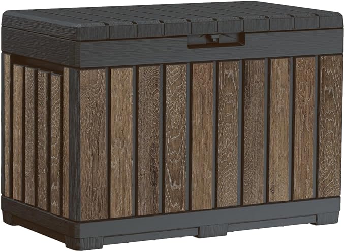 Keter Signature Everwood 50 Gallon Resin Deck Box for Outdoor Storage – Weather‑Resistant Balcony & Patio Box for Cushions, Throw Pillows & Garden Tools, Walnut by Keter
