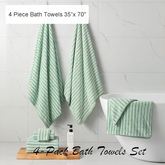 Oliven 4 Piece Green Cabana Stripe Large Bath Towels Oversized Bath Sheet Super - Image 3