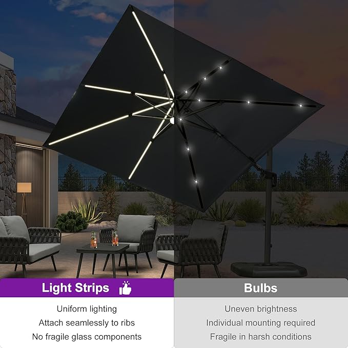 PURPLE LEAF 10 Feet Patio Umbrella with Base Outdoor Cantilever Solar Powered LED Swivel Square Umbrella Aluminum Offset Umbrella with 360-degree Rotation for Garden Deck Pool Patio, Grey - Image 2