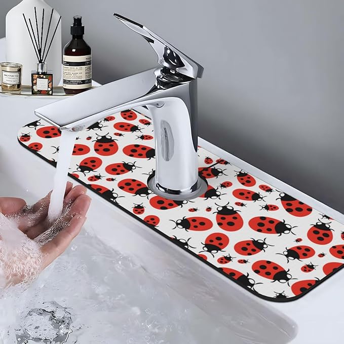Kitchen Sink Splash Guard Faucet Mat Ladybug Cartoon 15"x5.5", Diatom Mat - Image 9