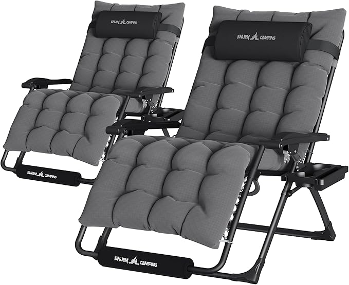 UDPATIO Oversized Zero Gravity Chair 33In XXL Patio Reclining Chair with Cushion, Outdoor Folding Recliner with Pillows, Cup Holder, Foot Rest & Padded Headrest, Support 500LB (2, Dark Grey-XL) by UDPATIO
