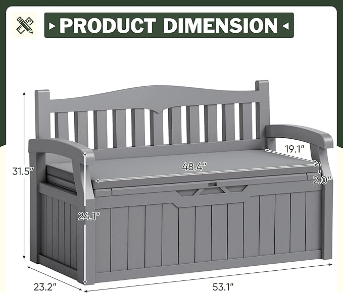 Flamaker 80 Gallon Storage Bench with Cushions Outdoor Indoor, Durable All-Weather Seating with Hidden Storage, Lockable Deck Box for Garden, Patio, Poolside (Grey) - Image 3