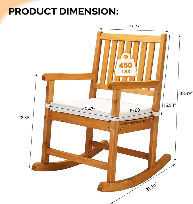 VINGLI Outdoor Rocking Chair, Weatherproof Rocker with Cushion, Wooden Rocking Bench Support 550 LBS for Patio, Yard, Garden, Outdoor or Indoors, Teak - Image 3