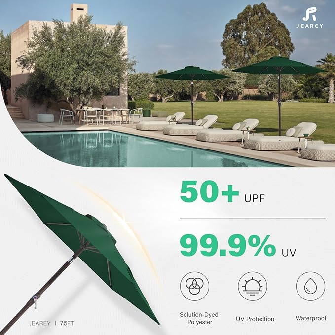 JEAREY 7.5FT Patio Umbrella Outdoor Market Umbrella with 6 Sturdy Ribs, Push Button Tilt/Crank Table Umbrella for Garden, Deck, Backyard and Pool, Dark Green - Image 3