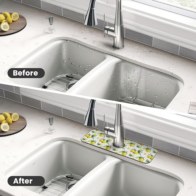 Yellow Lemon Green Leaves Kitchen Sink Splash Guard Faucet Mat Super Absorbent - Image 4