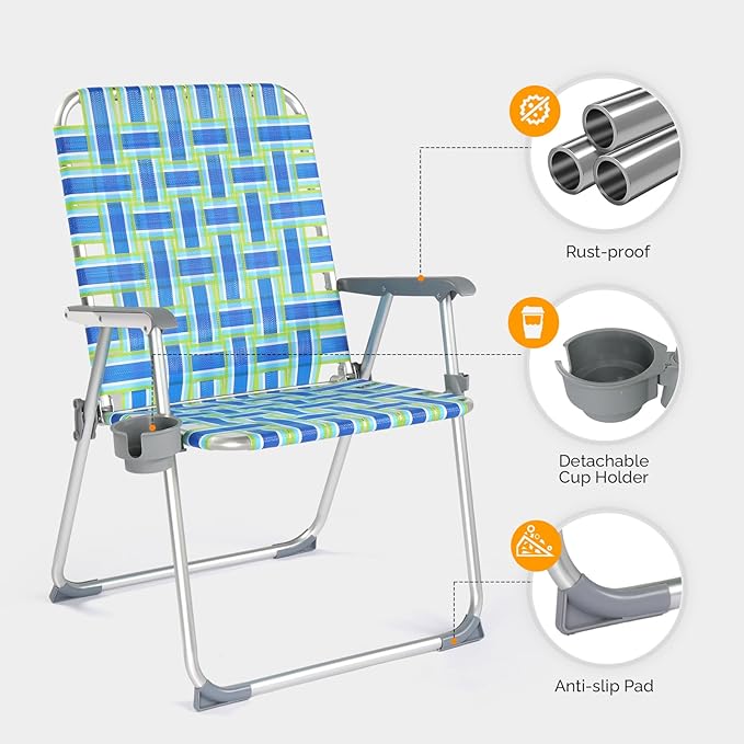VINGLI Folding Aluminum Webbed Oversized Lawn Chairs with Detachable Cup Holder, 300LBS High Beach Chair for Adults Heavy Duty, Portable Patio Chair for Yard, Garden, 2 Pack,Blue/Green - Image 5