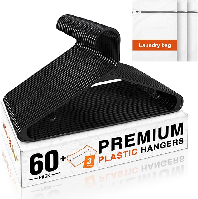 HOUSE DAY Black Plastic Hangers 60 Pack & Medium Mesh Laundry Bags 3 Pack by HOUSEDAY
