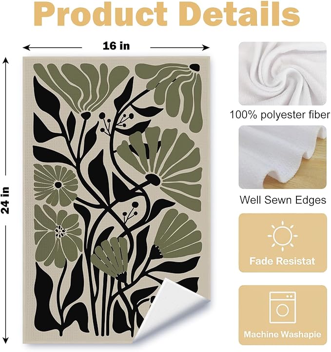 Abstract Dark sage Green and Black Boho Floral Kitchen Towels Set of 2 - Image 6