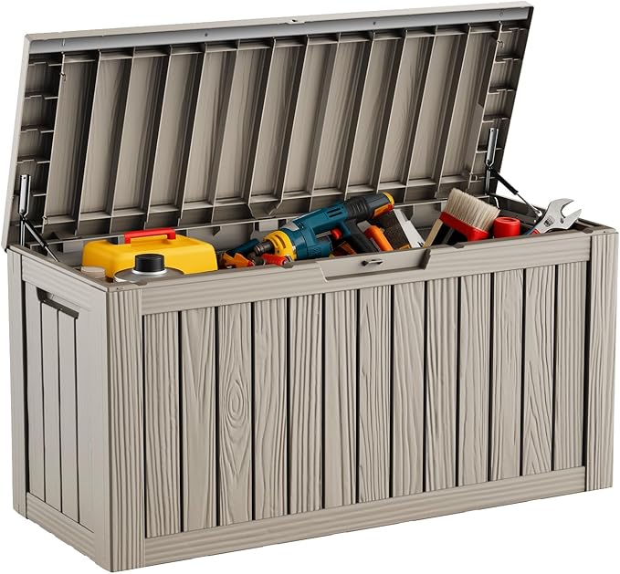 DRATO 80 Gallon Large Deck Box, Outdoor Storage Box for Patio Furniture, Patio Cushions, Gardening Tools, Pool Supplies 480lbs Weight Capacity,Waterproof Resin Storage Boxes（Gray，80 Gallon） by DRATOprovidesawarmandcozy