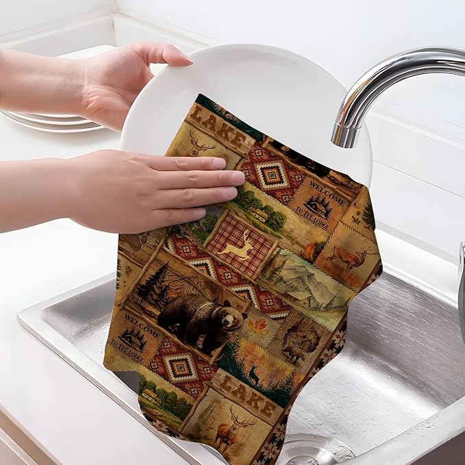 Vintage Rustic Kitchen Towel Set of 4, Lodge Bear Mountain Dish Towels - Image 3