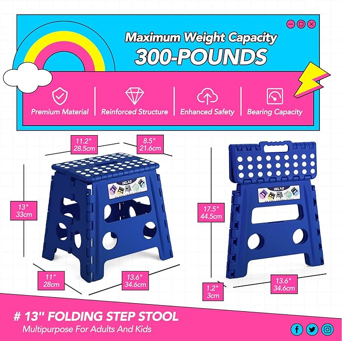 Delxo Folding Step Stool, 13 inch Non-Slip Foldable Stools for Kids & Adults Up to 300 LBS, Step Stool with Handle, Lightweight for Kitchen, Bathroom, Bedroom, Garden, Blue, 1PC - Image 2