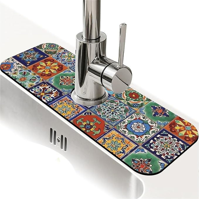 Kitchen Sink Splash Guard，Colorful Mexican tile Faucet Mat Sink Gadgets-Super by ZHUZHISHAN