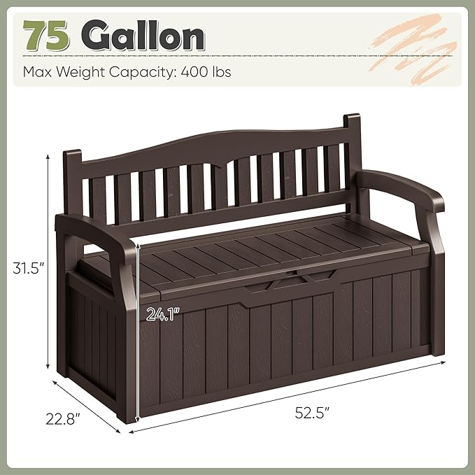 Homall 75 Gallon Outdoor Storage Benches Lockable Deck Box with Waterproof and UV Resistant, Waterproof Storage Box for Patio Furniture, Tools, Cushions (Brown) - Image 3