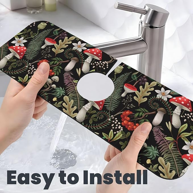 Forest Mushroom Mushrooms Leaves Flowers Kitchen Sink Splash Guard Faucet Mat - Image 6