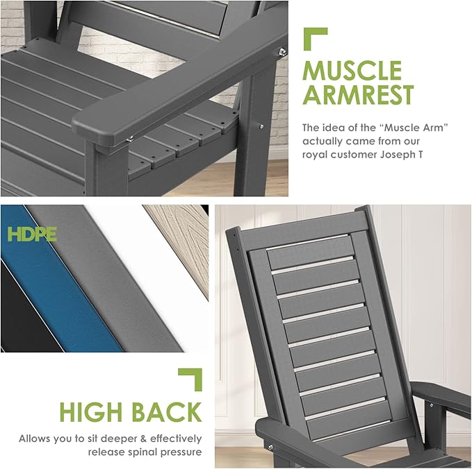 GREENVINES Outdoor Rocking Chairs | Set of 4 | Porch Rocker | HDPE Plastic | Grey | Oversized Rockers | High Back | Big & Tall | Ladder Back | for Patio Outside Backyard Balcony Garden - Image 7