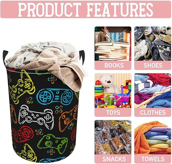 Colorful Game Joystick Silhouettes Laundry Hamper Bag - Image 8