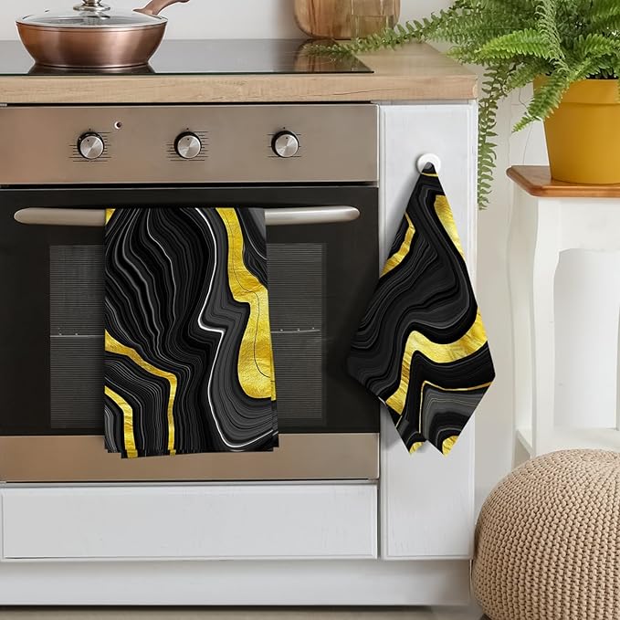 Black Gold Kitchen Dish Towels Set of 4 Soft Absorbent Marble Texture Black - Image 4