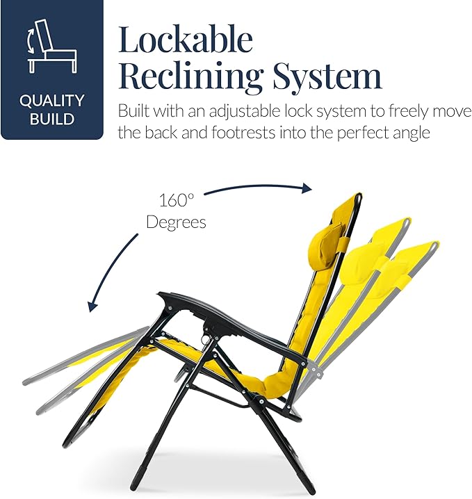 Best Choice Products Oversized Padded Zero Gravity Chair, Folding Outdoor Patio Recliner, XL Anti Gravity Lounger for Backyard w/Headrest, Cup Holder, Side Tray, Polyester Mesh - Yellow - Image 7