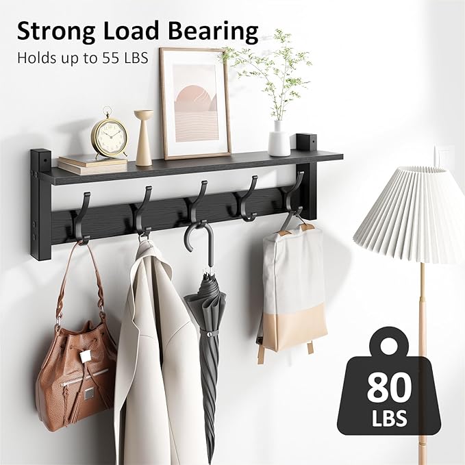 Coat Rack Wall Mount with Shelf, 24 Inch Coat Hanger Walls Mounted, Hat Rack - Image 2