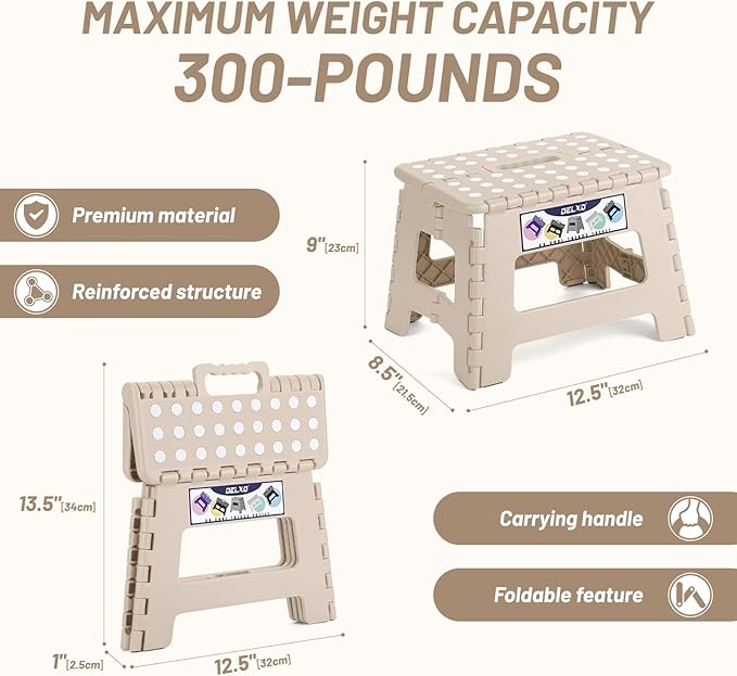Delxo Folding Step Stool,9 Inch Lightweight Plastic Stepstool,Portable Collapsible Foldable Step Stool Non Slip Folding Stools for Kitchen Bathroom Bedroom in Khaki,1 Pack - Image 4