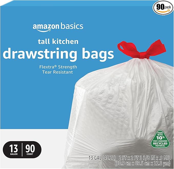 Amazon Basics 13 Gallon Tall Kitchen Drawstring Trash Bags, Flextra Strength by AmazonBasics