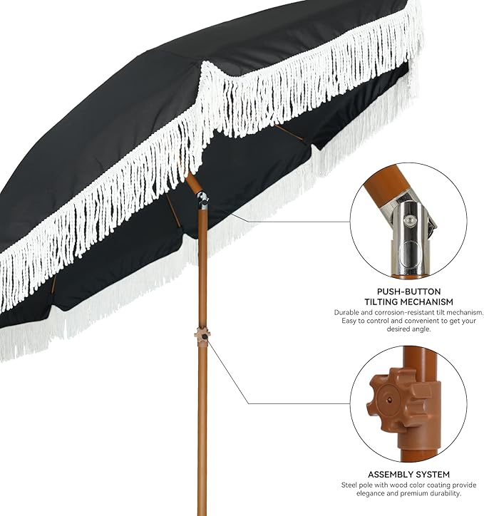 AMMSUN 7ft Patio Umbrella with Fringe Outdoor Tassel Umbrella UPF50+ Premium Steel Pole and Steel Ribs Push Button Tilt, Black - Image 2