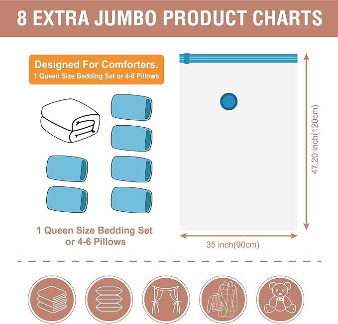 Cozy Essential 8 Pack XXL Jumbo Vacuum Storage Bags, Extra Sealed Bags - Image 5