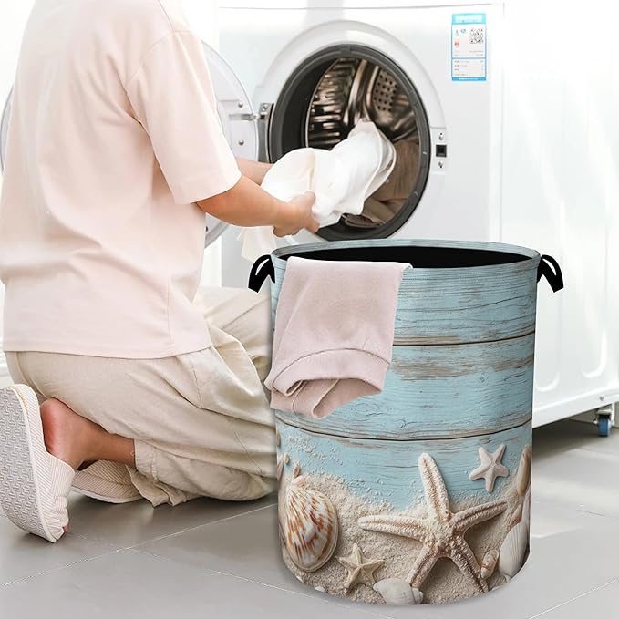 Starfish Seashell Laundry Basket, Vintage Wooden Oxford Cloth Laundry Hamper - Image 7
