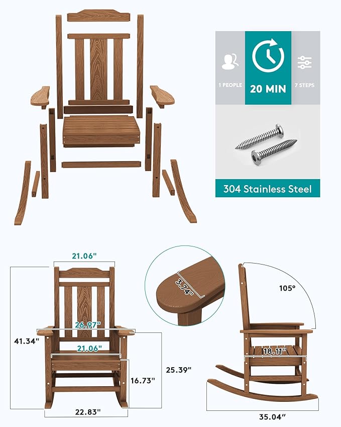SERWALL Oversized Rocking Chair Set of 2 Outdoor, HDPE Outdoor Rocking Chair Set of 2, Brown - Image 3