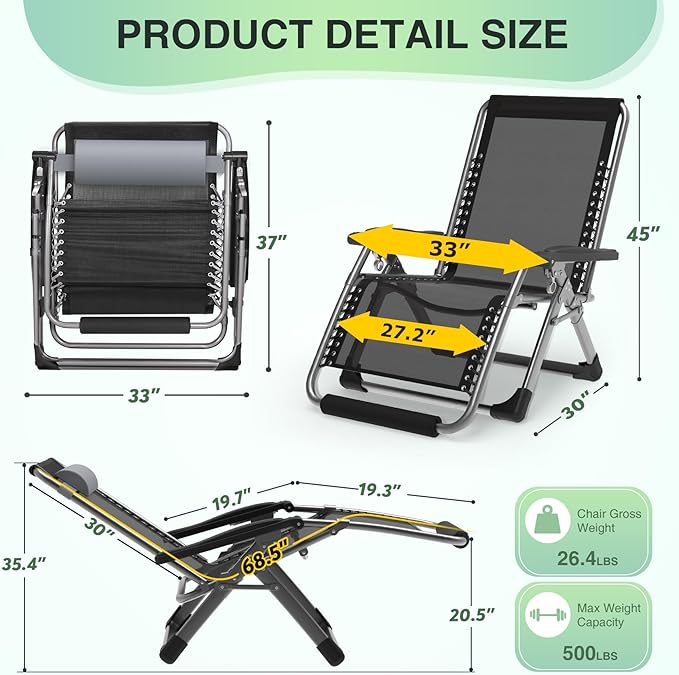 Suteck Oversized Zero Gravity Chair,33In XXL Lounge Chair w/Removable Cushion&Headrest, Reclining Camping Chair w/Upgraded Lock and Footrest, Reclining Patio Chairs Recliner for Indoor Outdoor,500LBS - Image 2