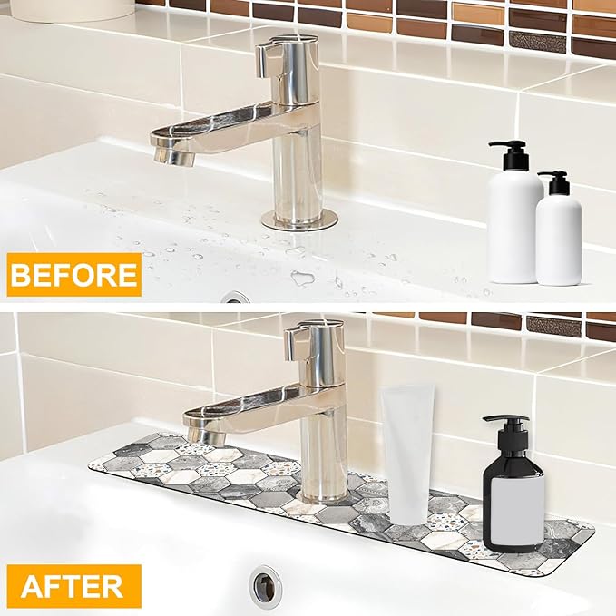 2 Pack Hexagon Marble Sink Splash Guard Faucet Mat Gold Glitter Lines Marble - Image 6