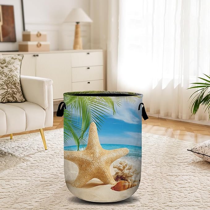 Starfish Seashell Laundry Basket, Ocean Sea Beach Laundry Hamper Collapsible - Image 6