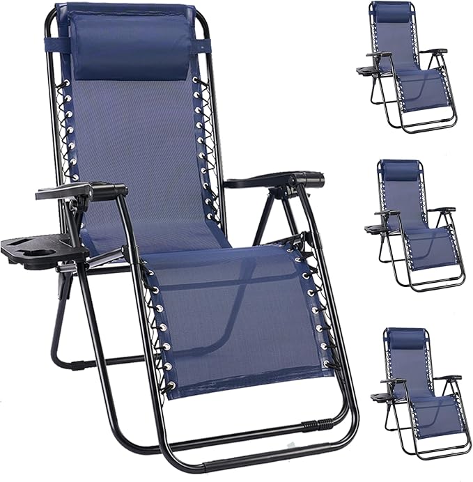 NEWBULIG Zero Gravity Chair Set of 4, Lounge Chair Folding Portable Adjustable Camping Reclining Chairs with Adjustable Pollow, Mesh Back, Cup Holder Trays Lawn Patio Chair for Pool Beach - Blue by NEWBULIG