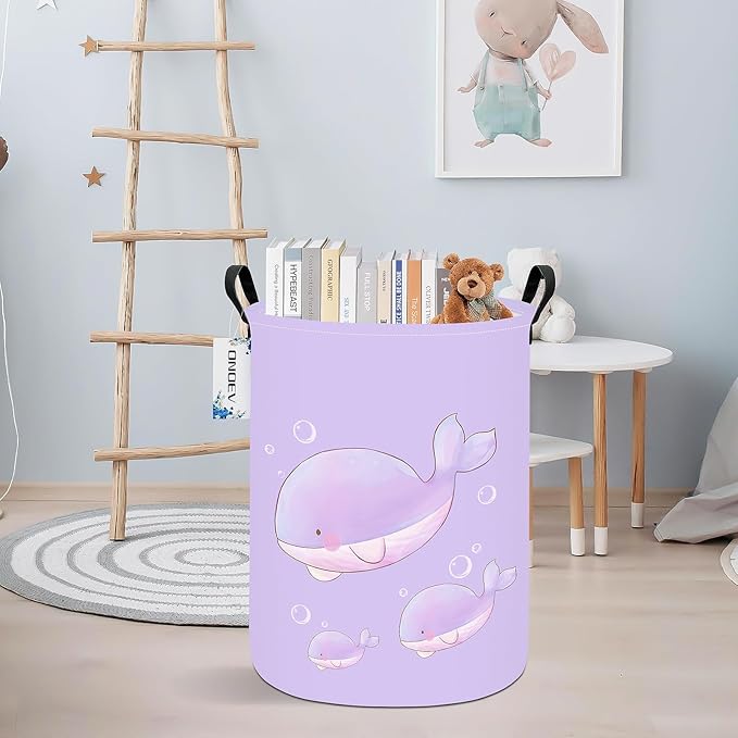 Round Foldable Girls' Storage Basket Kids Laundry Hamper Purple Gift Basket - Image 6