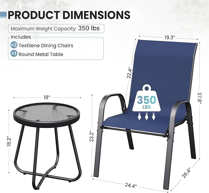 Patio Table and Chairs Set - 3 Piece Outdoor Stackable Dinging Chairs for All Weather,Breathable Garden Furniture for Deck Garden Backyard (Navy Blue) - Image 3