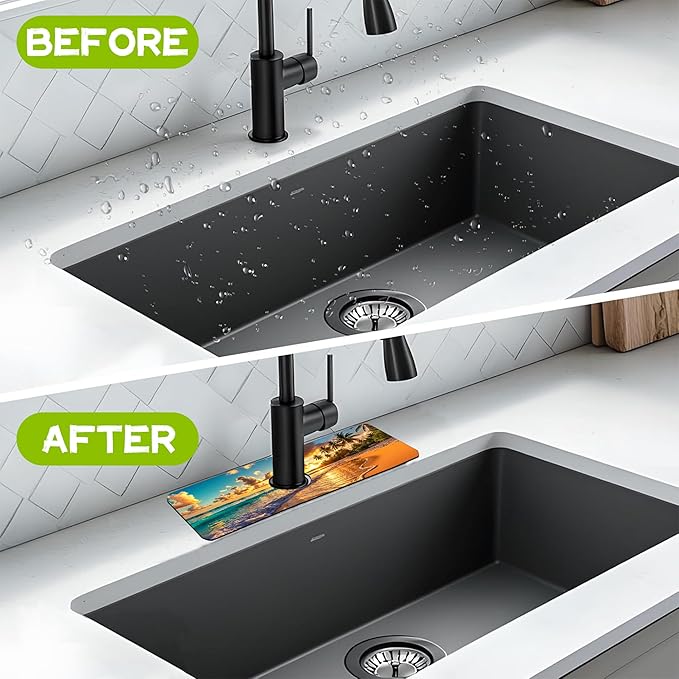 Sunset Beach Waves Palm Trees Kitchen Sink Splash Guard Faucet Mat Super - Image 6