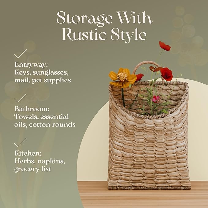 Boho Woven Wall Hanging Basket – Water Hyacinth Flat Back Basket - Image 3