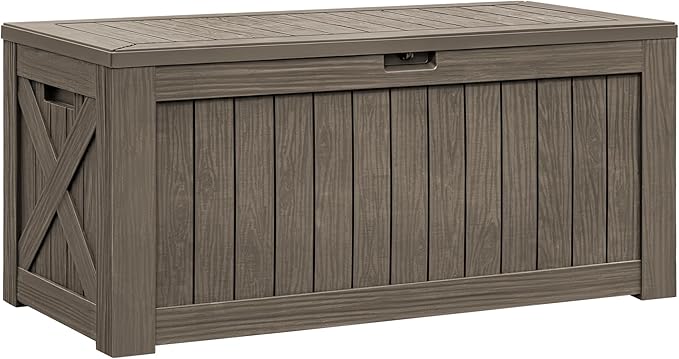 Flamaker Resin Deck Box 120 Gallon Waterproof Large Outdoor Indoor Storage Box Imitation Wood Resin for Patio Furniture Garden Tools and Pool (Brown) by Flamaker