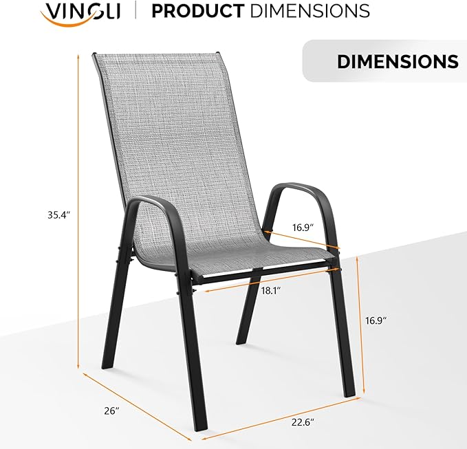 VINGLI Patio Chairs Set of 2 – Stackable Outdoor Dining Chairs with Comfortable Sling High Back Chairs and Armrests for Lawn, Poolside, Courtyard, Balcony, Garden, Silver Gray - Image 3