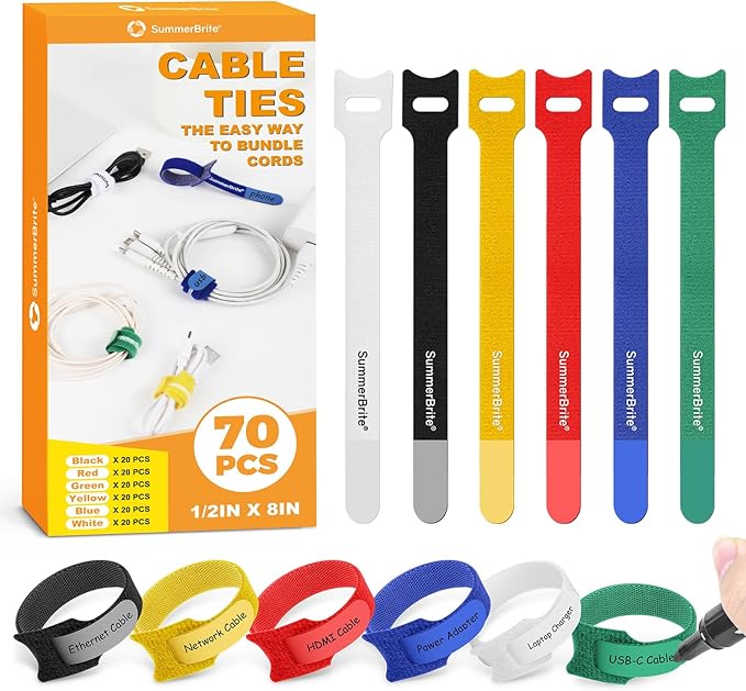 70 Pack Multi-Color Cable Ties 8 Inch by Summerbrite