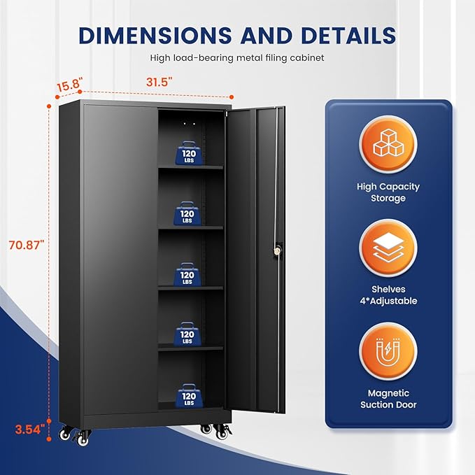 Yizosh Metal Garage Storage Cabinet with Locking Doors and Adjustable Shelves,- 75" Rolling Steel Tool Cabinet for Home Office,Garage,Warehouse - Image 3