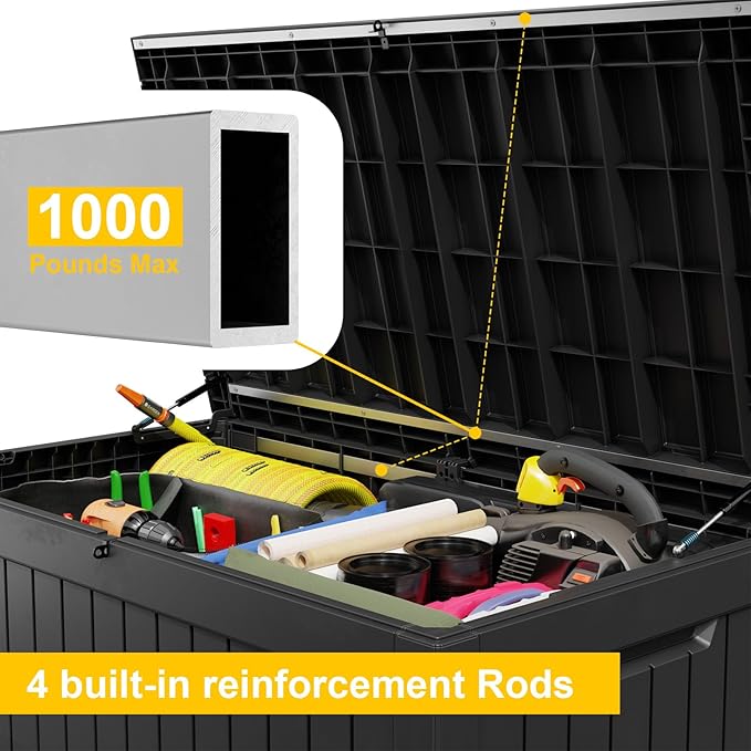 281 Gallon Outdoor Storage Box Waterproof, Large Resin Patio Deck Boxes, Lockable Outdoor Storage Container for Patio Furniture, Garden, and Pool Tools (281 Gallon, Black) - Image 6