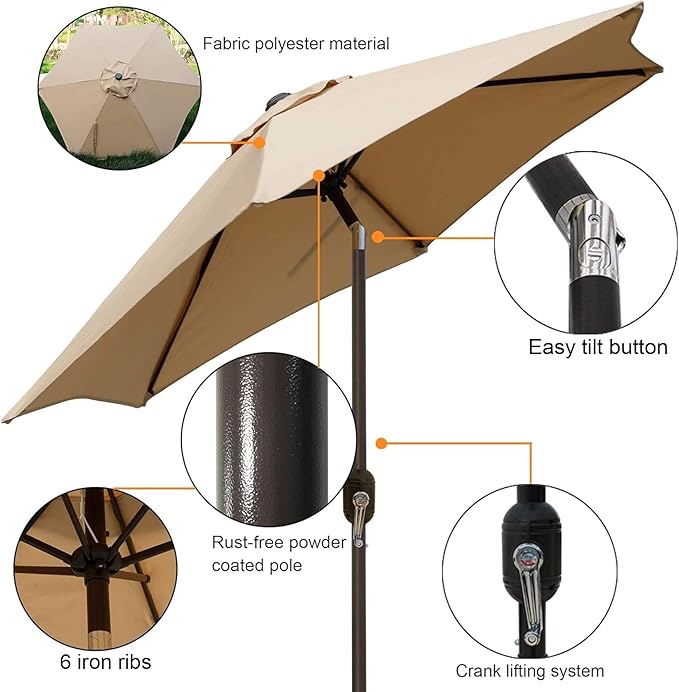 Blissun 7.5 ft Patio Umbrella, Yard Umbrella, Outdoor Market Umbrella with Push Button Tilt Crank (Tan) - Image 2