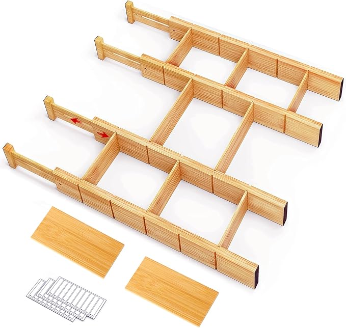 Whitmor Adjustable Bamboo Drawer Dividers, Expandable 17"-22" Drawer Organizer by Whitmor