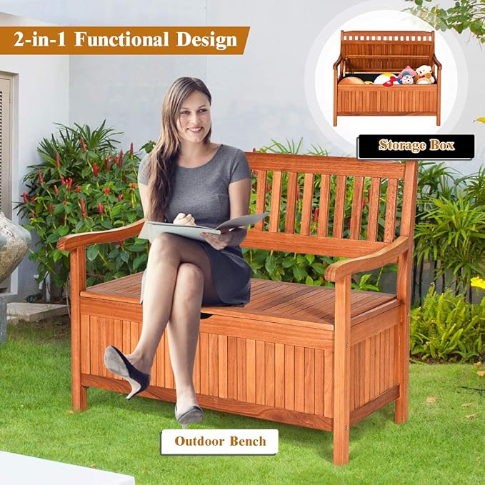 Tangkula Outdoor Wood Storage Bench Deck Box, Entryway Porch Storage Bench with Inner Removable Dust-Proof Lining & Portable Handles, Eucalyptus Wood Loveseat for Garden, Lawn, Balcony & Yard - Image 6