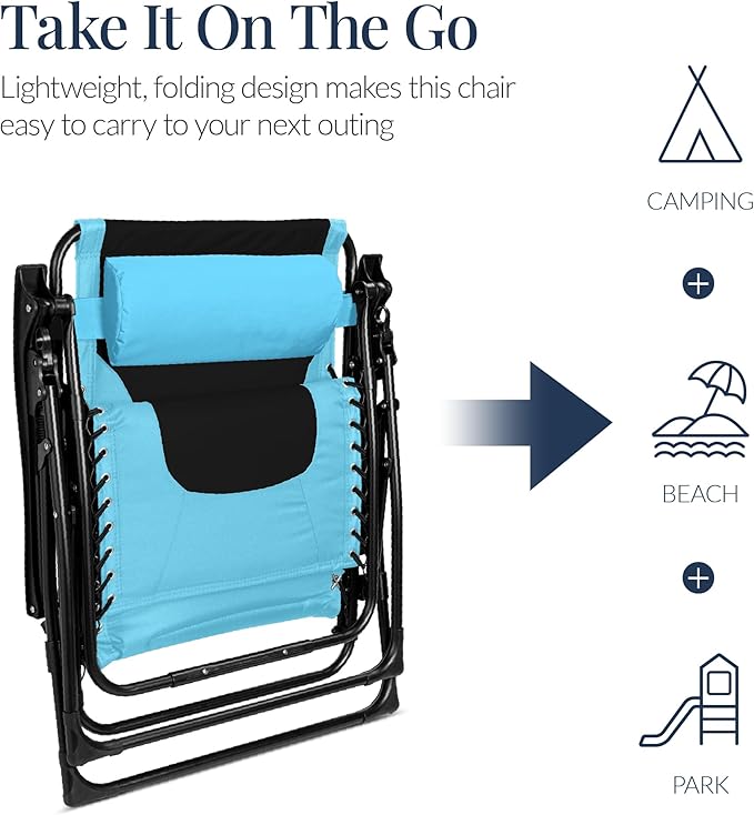 Best Choice Products Oversized Padded Zero Gravity Chair, Folding Outdoor Patio Recliner, XL Anti Gravity Lounger for Backyard w/Headrest, Cup Holder, Side Tray, Polyester Mesh - Light Blue/Black - Image 6