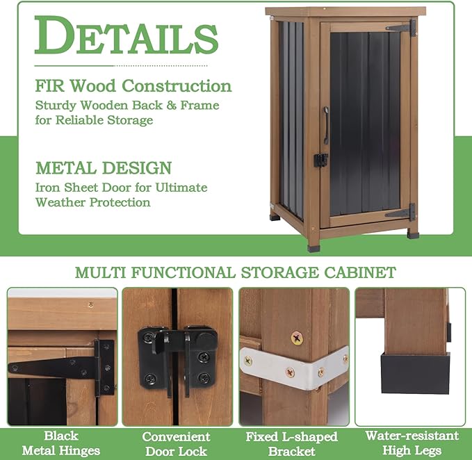 Small Outdoor Storage Cabinet Waterproof with Metal Top, Wood & Metal Outside Potting Bench Table Tool Organizer with Adjustable Shelf for Patio Backyard Garden - Image 5